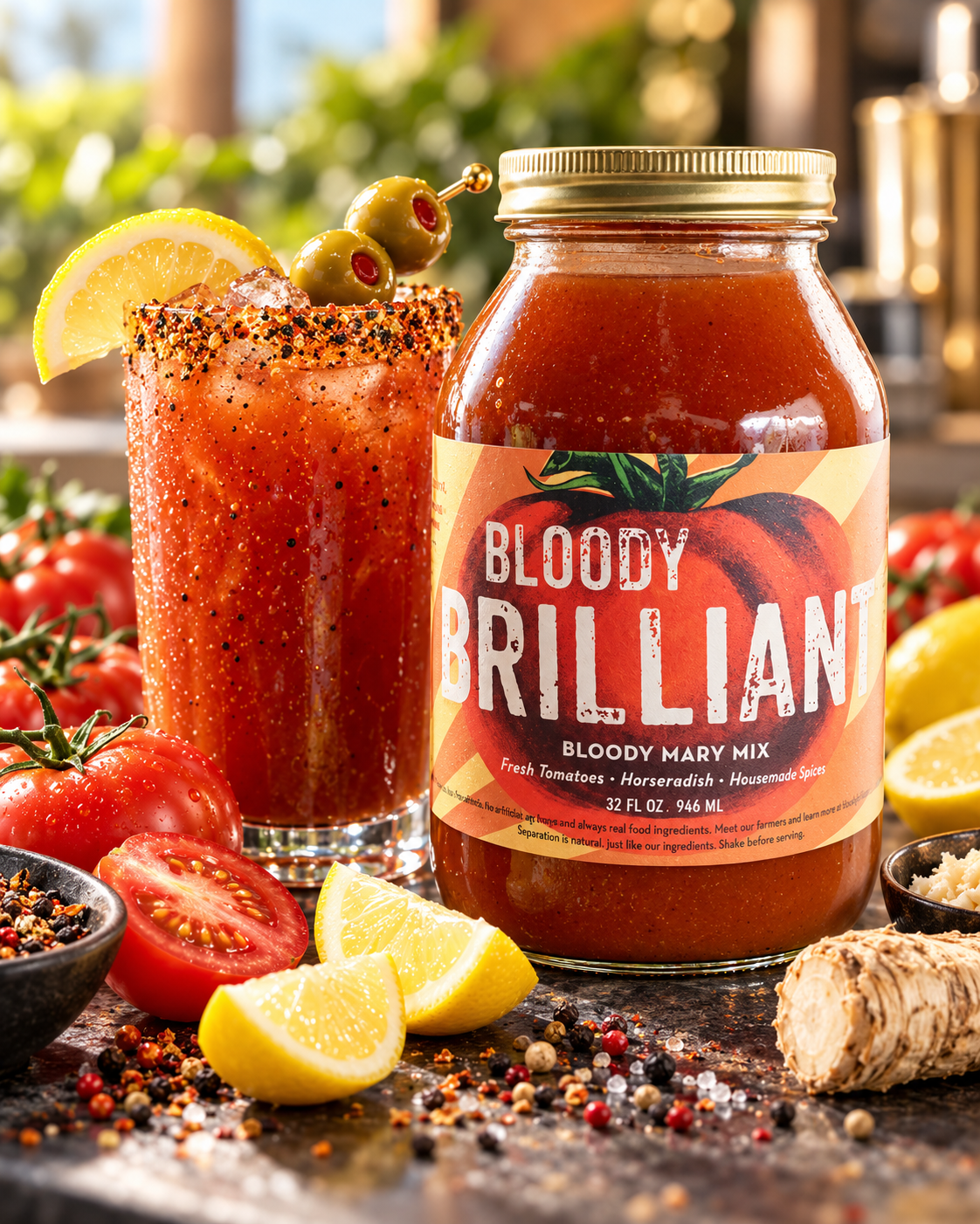 Bloody Brilliant Bloody Mary Mix — 32 fl oz jar beside a Bloody Mary serving suggestion