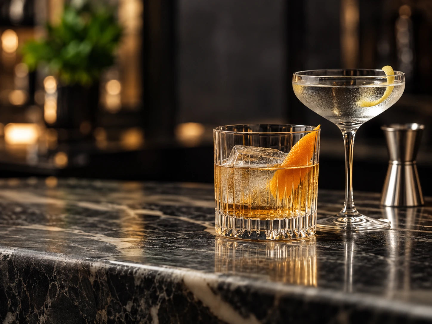 A spirit cocktail on ice and a clear martini in elegant glassware at a contemporary bar