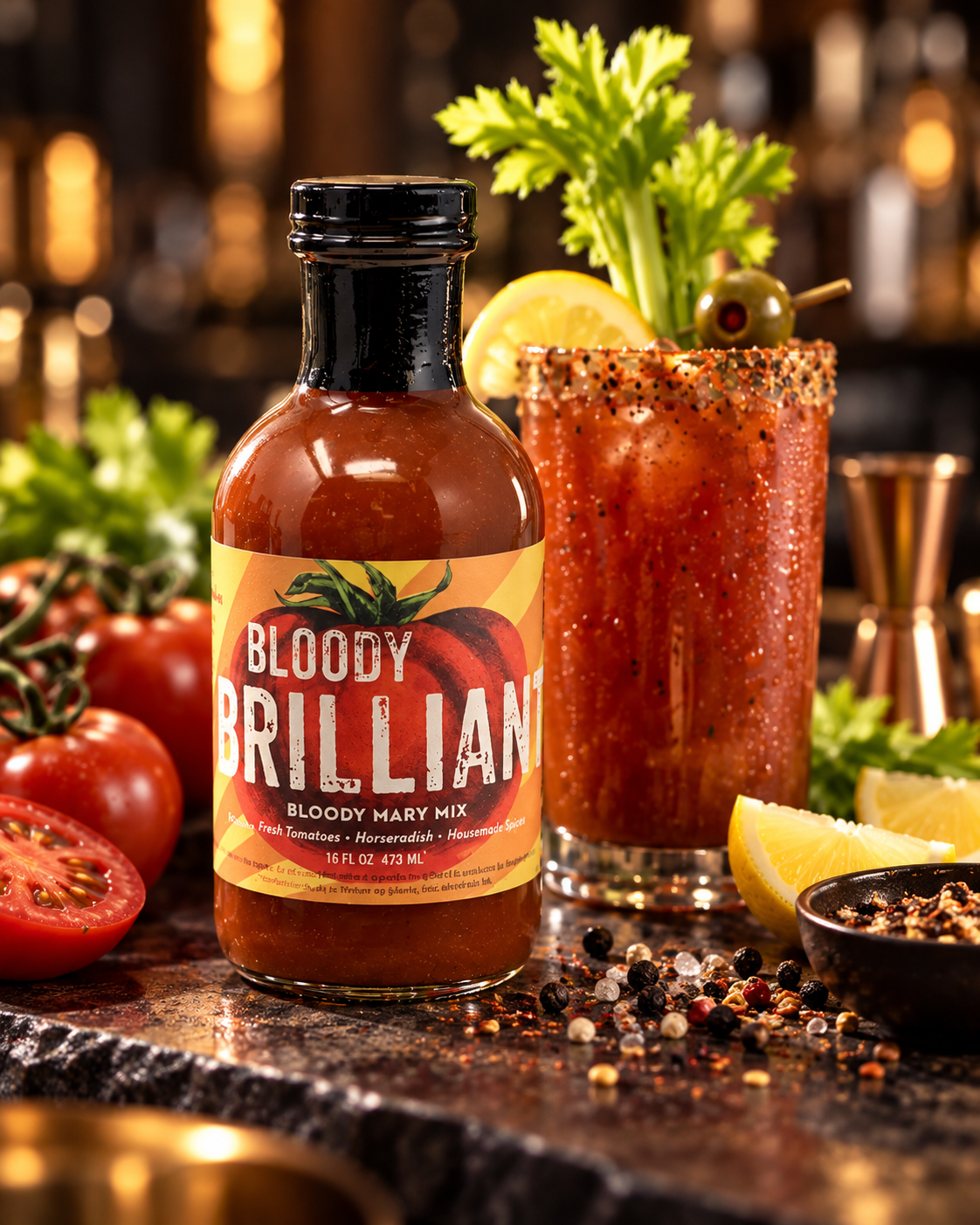 Bloody Brilliant 16 fl oz bottle — bar setting and serving inspiration