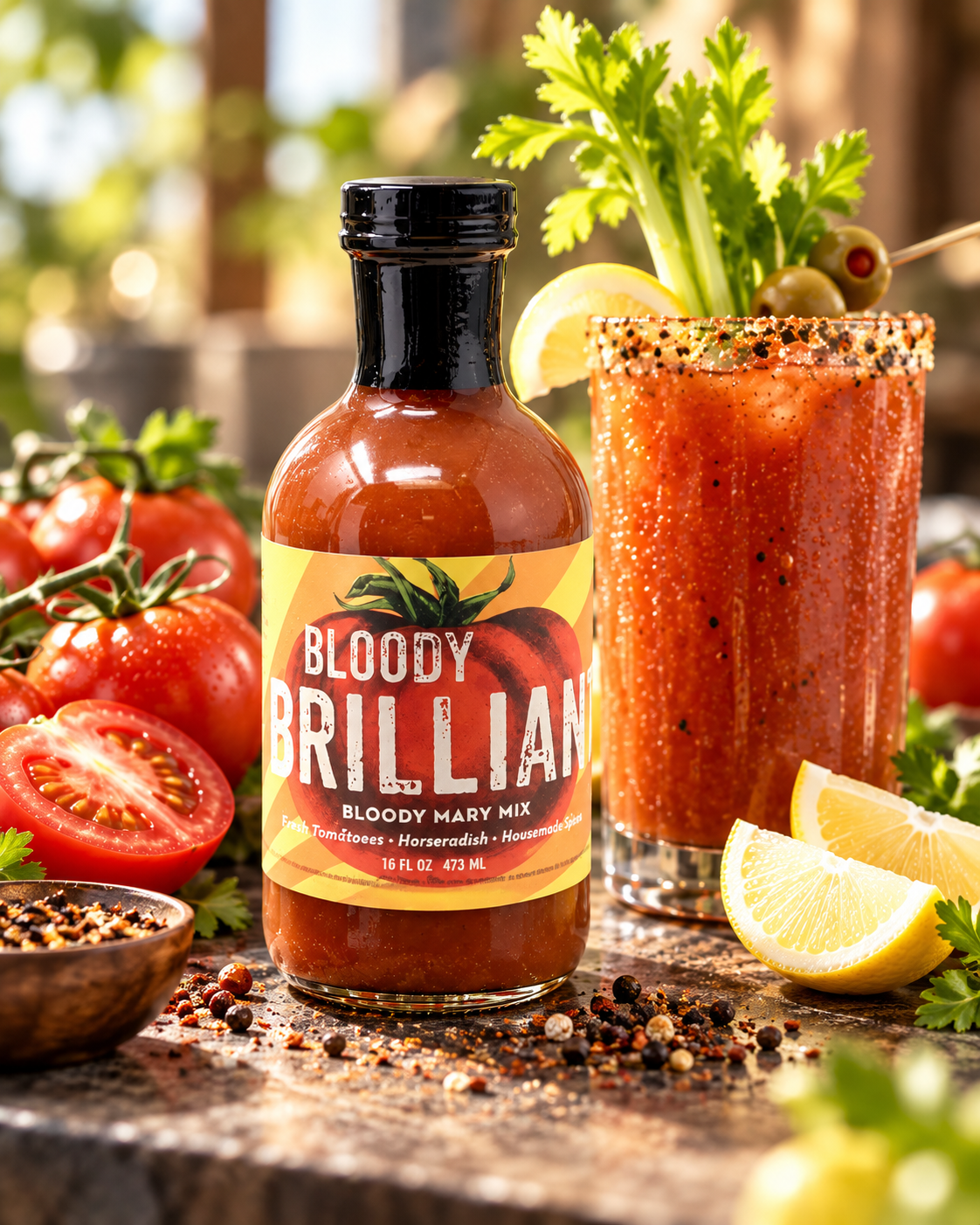 Bloody Brilliant 16 fl oz bottle — brunch setting and serving inspiration