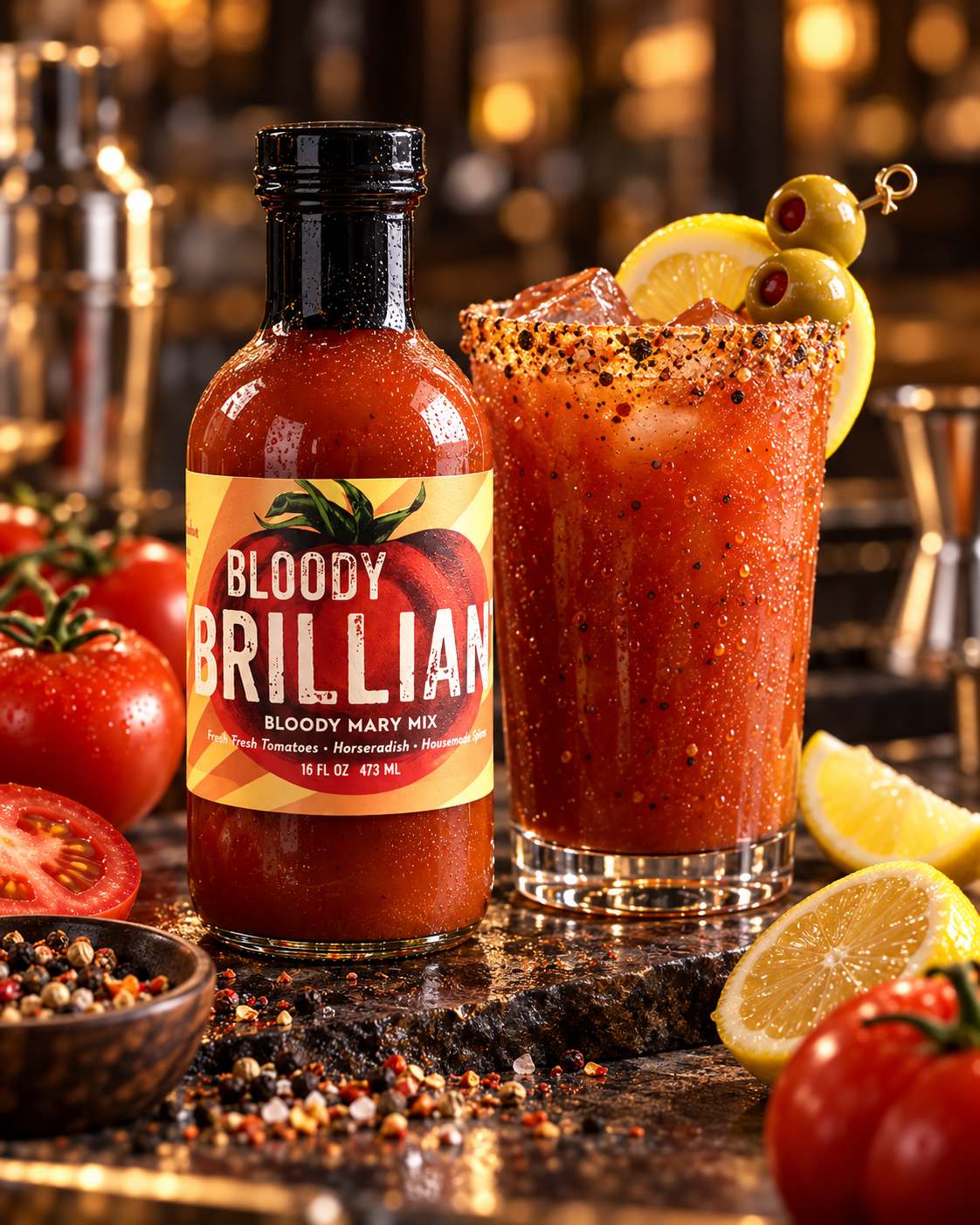 Bloody Brilliant 16 fl oz bottle — evening setting and serving inspiration