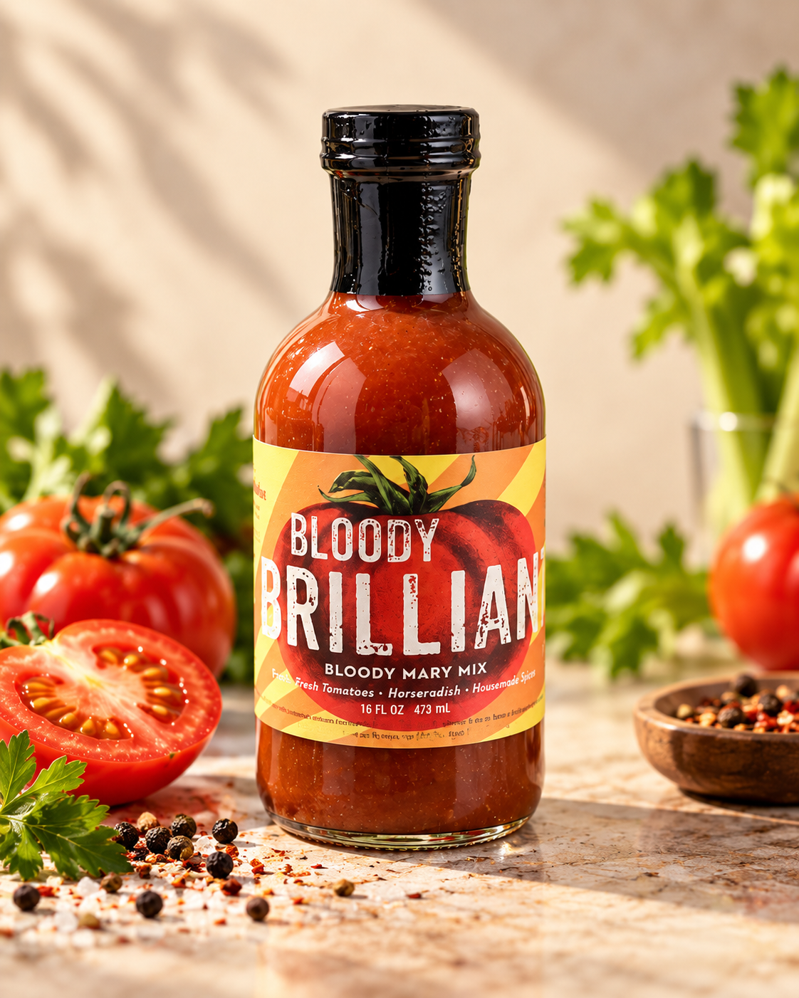 Bloody Brilliant Bloody Mary Mix — 16 fl oz bottle with tomatoes in a bright studio setting