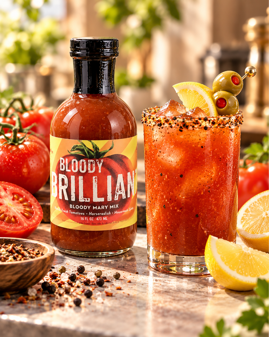 Bloody Brilliant Bloody Mary Mix — 16 fl oz bottle beside a Bloody Mary serving suggestion
