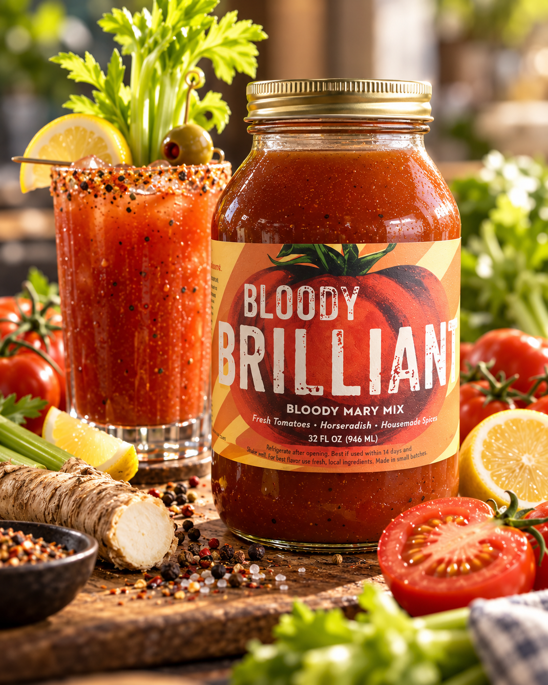 Bloody Brilliant 32 fl oz jar — brunch setting and serving inspiration