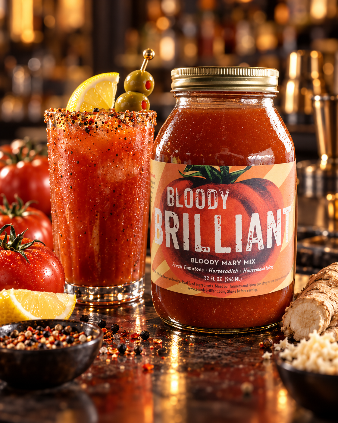 Bloody Brilliant 32 fl oz jar — evening setting and serving inspiration