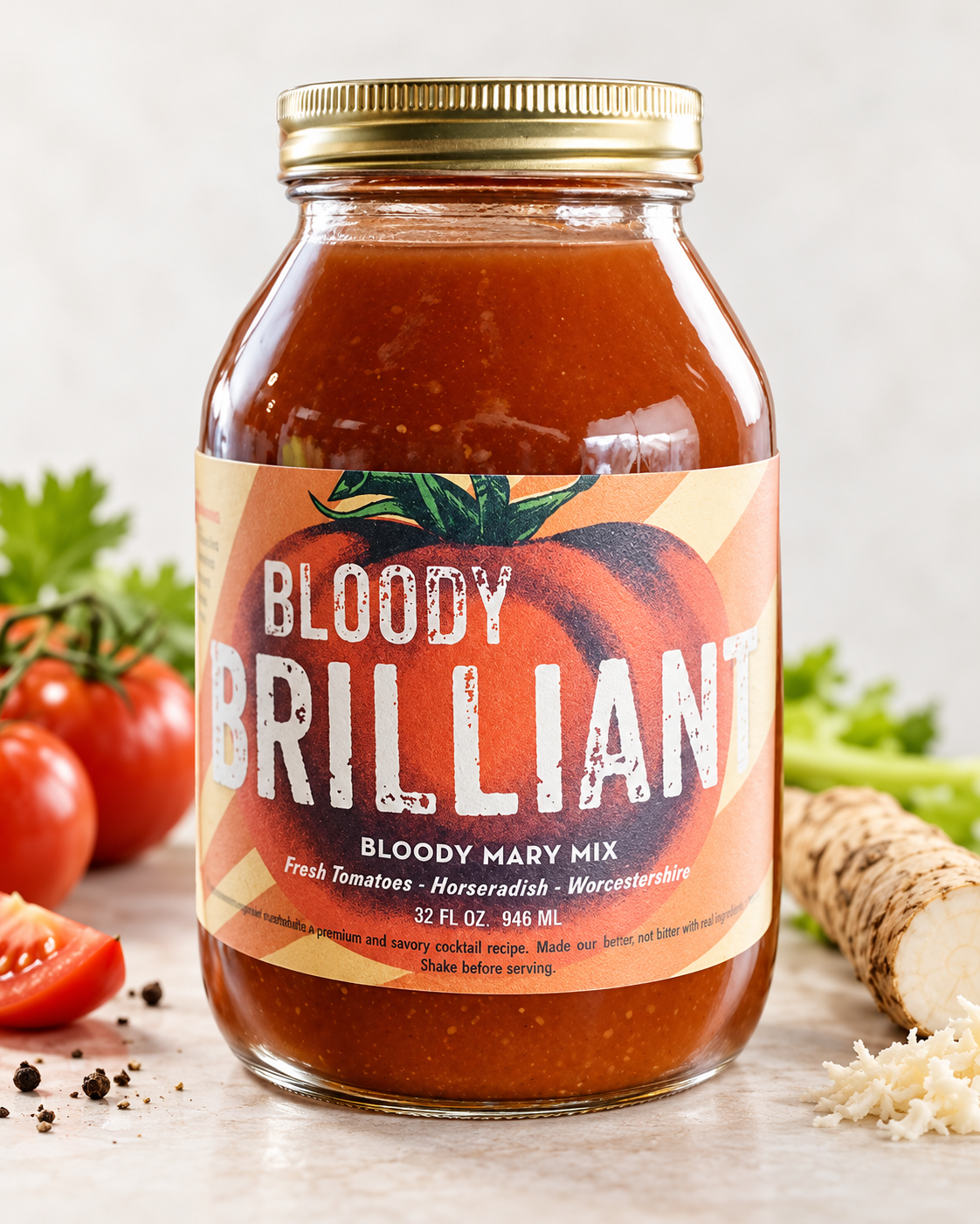 Bloody Brilliant Bloody Mary Mix — 32 fl oz jar with tomatoes and horseradish in a bright studio setting
