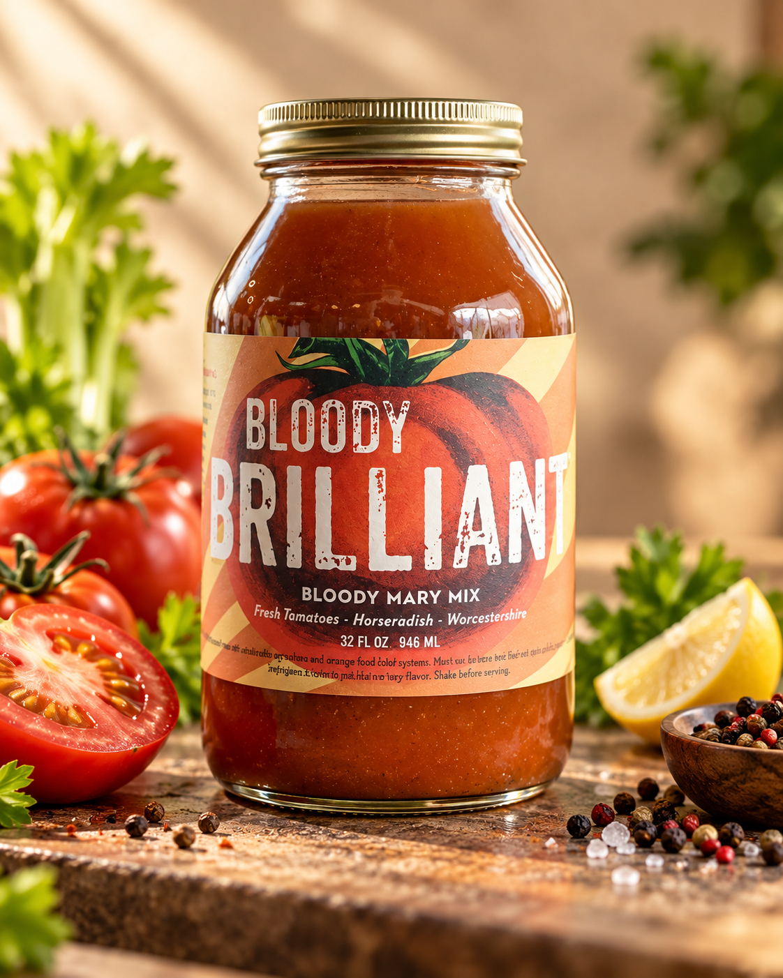 Bloody Brilliant 32 fl oz jar — sunlit setting and serving inspiration