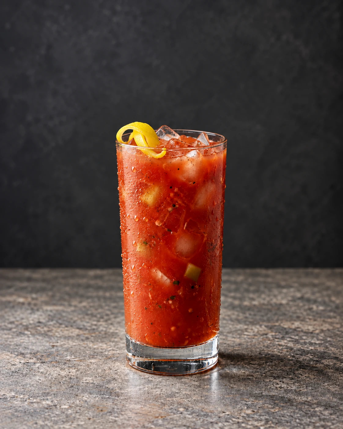 Chipotle Pepper Pickle Bloody Mary with a delicate lemon twist at the rim