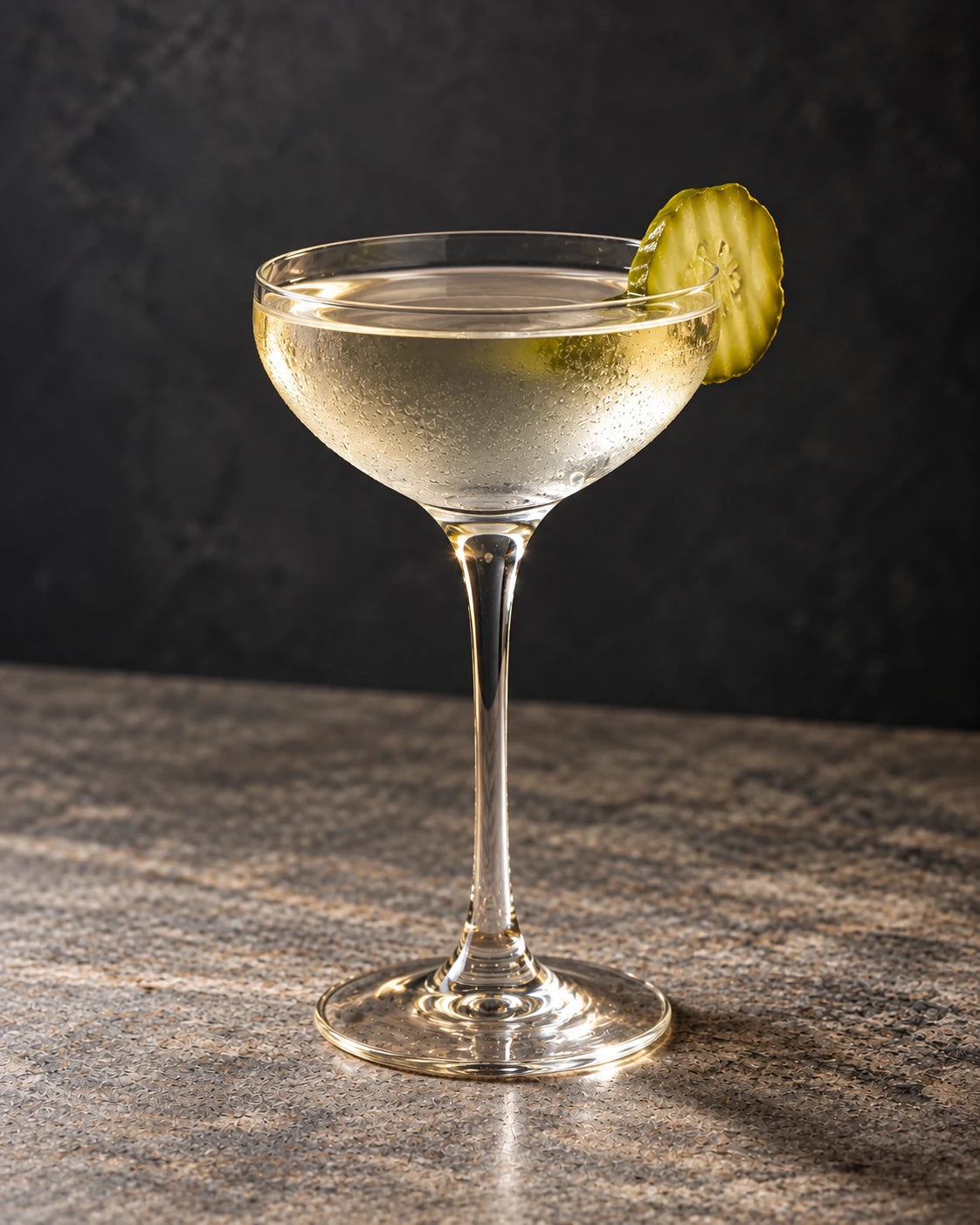 Smoky Pickle Martini in a crystal coupe with a single pickle coin