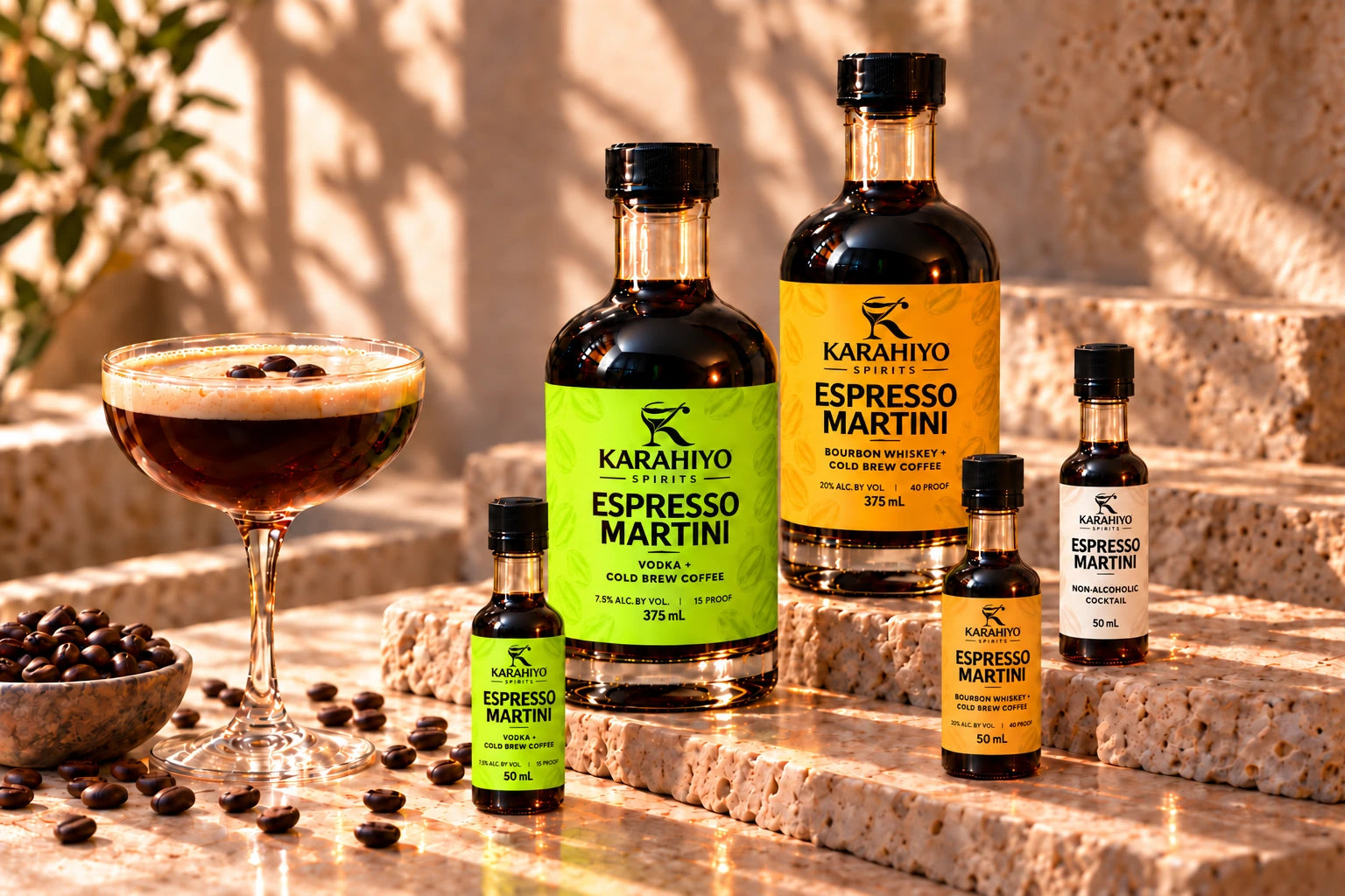 Karahiyo® espresso martini collection on warm travertine with a cocktail serve