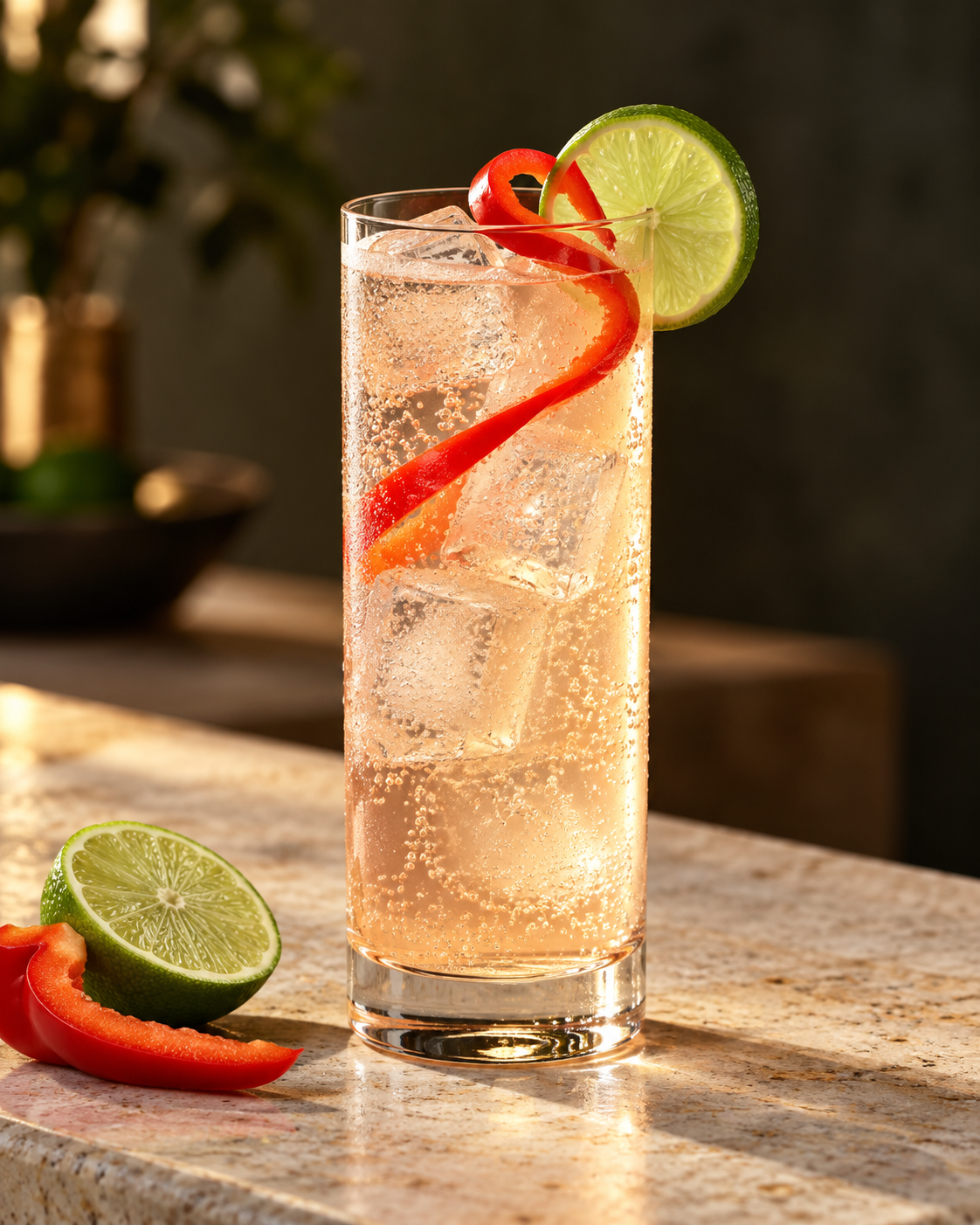 Bell Pepper Citrus Highball with a red pepper ribbon and lime